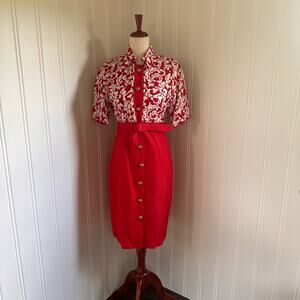 Vintage 60s Gene Roye Red White Midi Dress size S